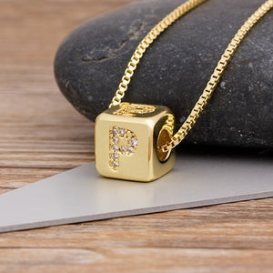 A-Z Initials Micro Pave Copper Cube Letter Pendant Necklace