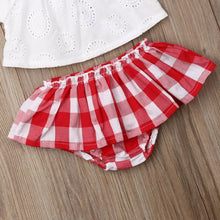 3Pcs Cute Off Shoulder Lace Tops + Red Plaid Short Dress Set