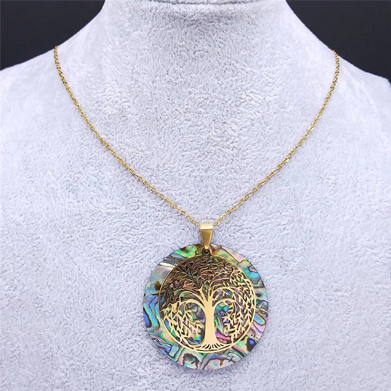 Tree of Life Stainless Steel Abalone Shell Natural Necklace Chain