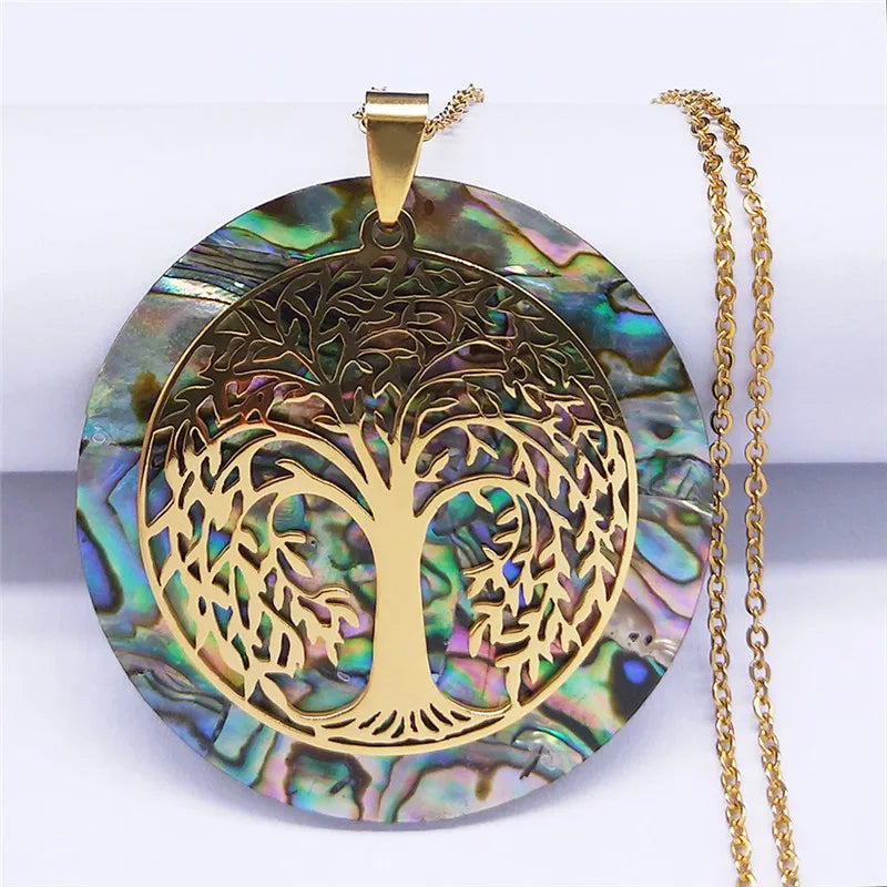 Tree of Life Stainless Steel Abalone Shell Natural Necklace Chain