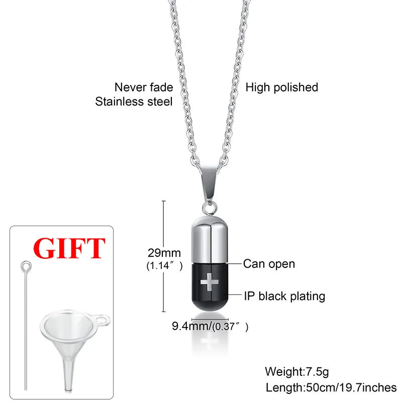 Vnox Hollow Pill Cross Engraved Cremation Urn Necklace