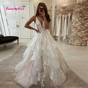 A-Line Puffy Sleeveless Long Wedding Gown