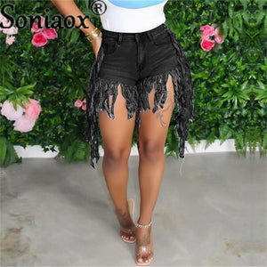 Tasseled High Waist Denim Shorts