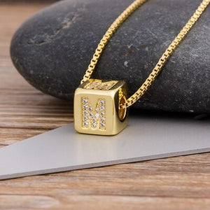 A-Z Initials Micro Pave Copper Cube Letter Pendant Necklace