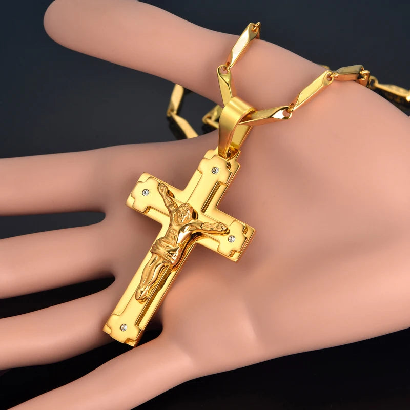 Big Stainless Steel Christian Crucifix Pendant Necklace