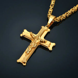 Stainless Steel Cross Pendant With Long Chain