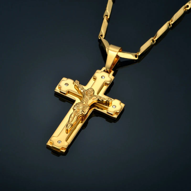 Big Stainless Steel Christian Crucifix Pendant Necklace