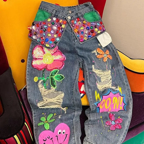 Boutique Fashionable High Waisted Loose Straight Leg Jeans