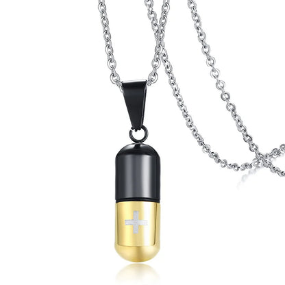 Vnox Hollow Pill Cross Engraved Cremation Urn Necklace
