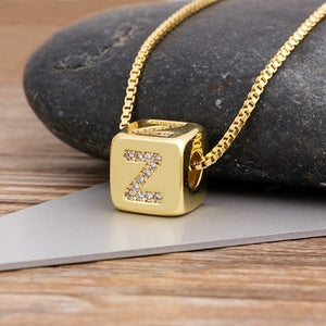 A-Z Initials Micro Pave Copper Cube Letter Pendant Necklace