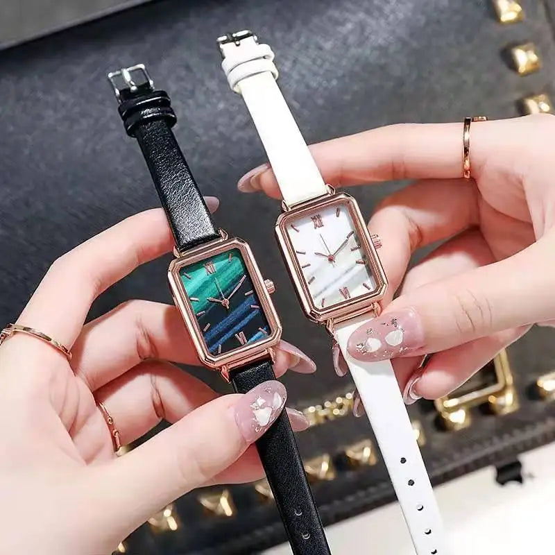 Green Dial Simple Square Quartz Watch Bracelet Set