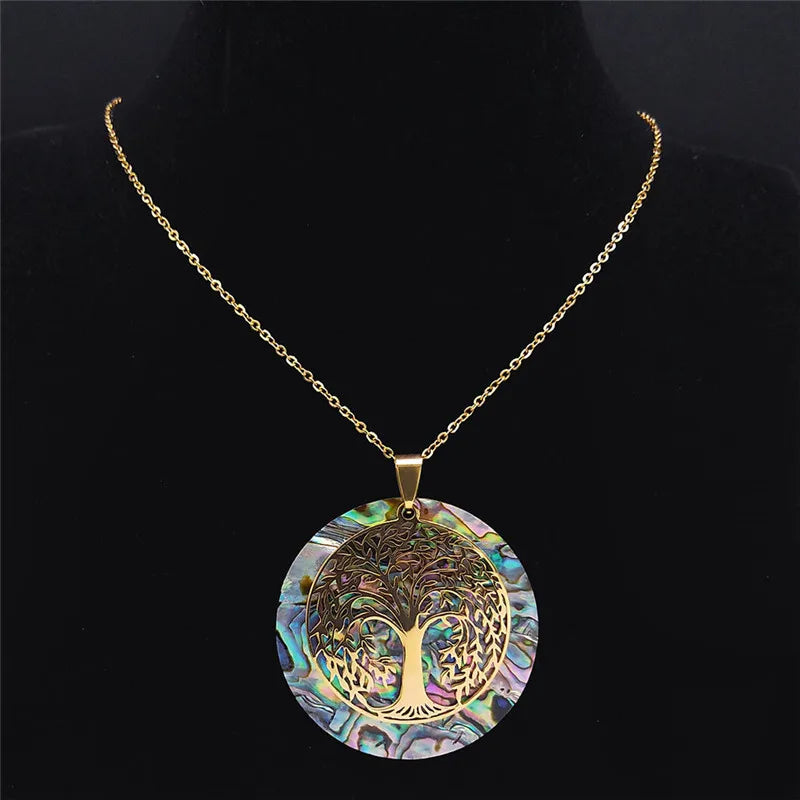 Tree of Life Stainless Steel Abalone Shell Natural Necklace Chain