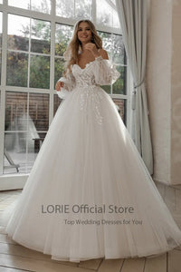 LORIE Puff Sleeve Lace 3D Flowers off Shoulder Bridal Gown