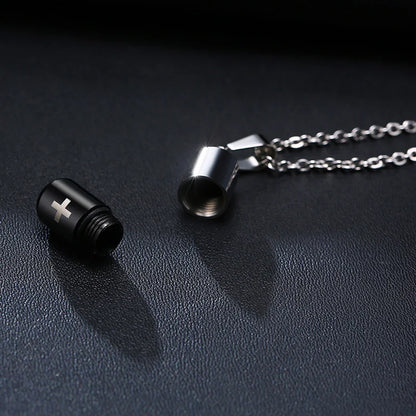Vnox Hollow Pill Cross Engraved Cremation Urn Necklace