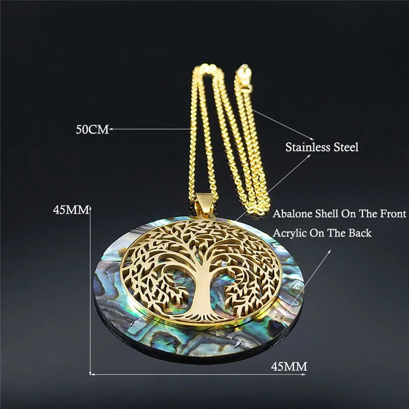 Tree of Life Stainless Steel Abalone Shell Natural Necklace Chain