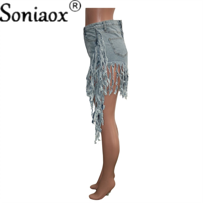 Tasseled High Waist Denim Shorts