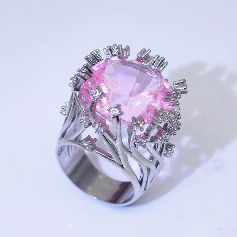 925 Sterling Silver Inlaid Pink Crystal Zircon Exaggerated Ring