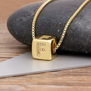 A-Z Initials Micro Pave Copper Cube Letter Pendant Necklace