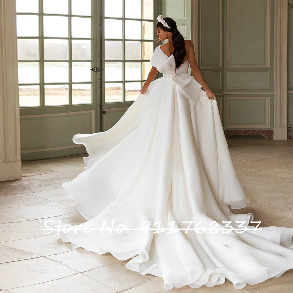 One Shoulder High Slit Bow Back Wedding Dress