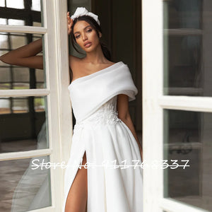 One Shoulder High Slit Bow Back Wedding Dress