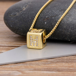 A-Z Initials Micro Pave Copper Cube Letter Pendant Necklace