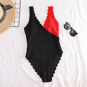 Scalloped Splicing High Cut One Piece Ribbed Swimsuit