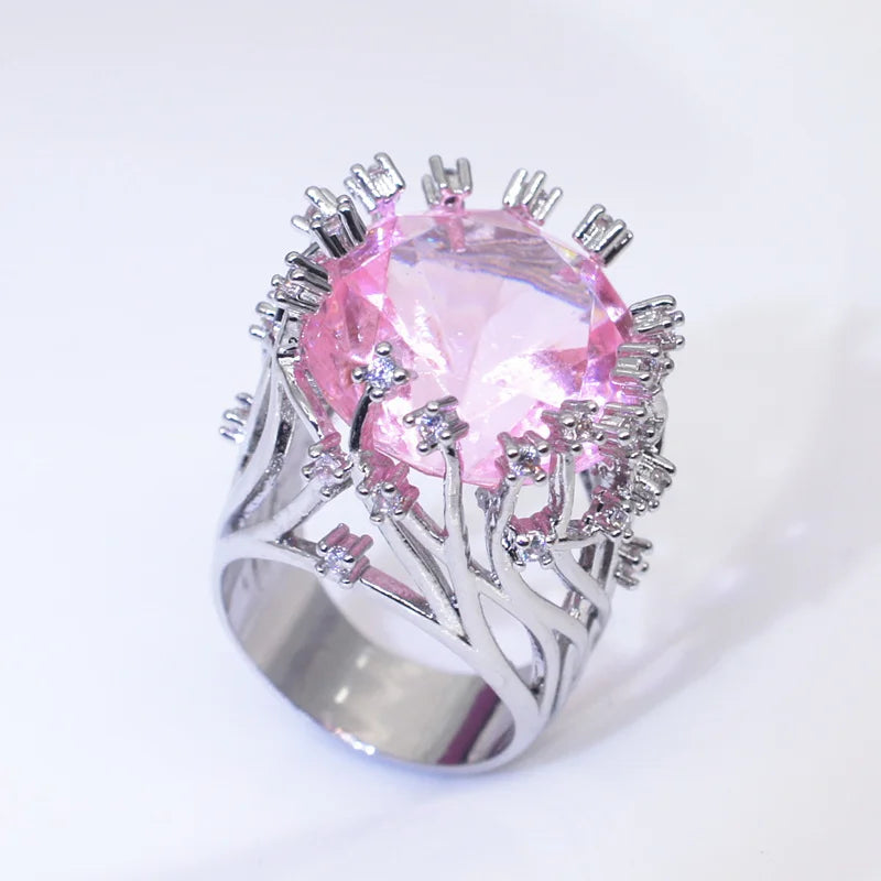 925 Sterling Silver Inlaid Pink Crystal Zircon Exaggerated Ring