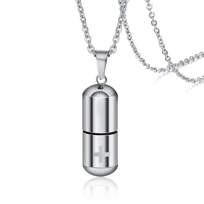 Vnox Hollow Pill Cross Engraved Cremation Urn Necklace
