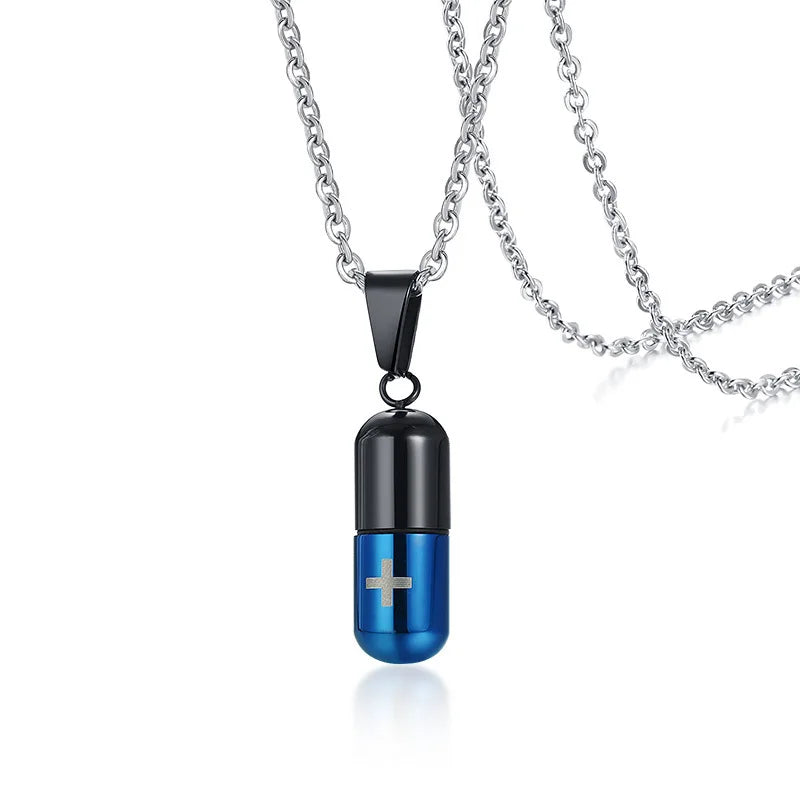 Vnox Hollow Pill Cross Engraved Cremation Urn Necklace