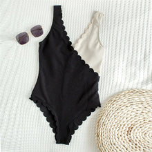 Scalloped Splicing High Cut One Piece Ribbed Swimsuit