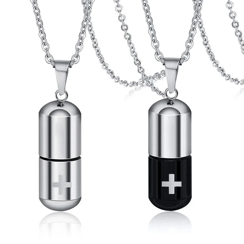 Vnox Hollow Pill Cross Engraved Cremation Urn Necklace