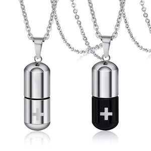 Vnox Hollow Pill Cross Engraved Cremation Urn Necklace