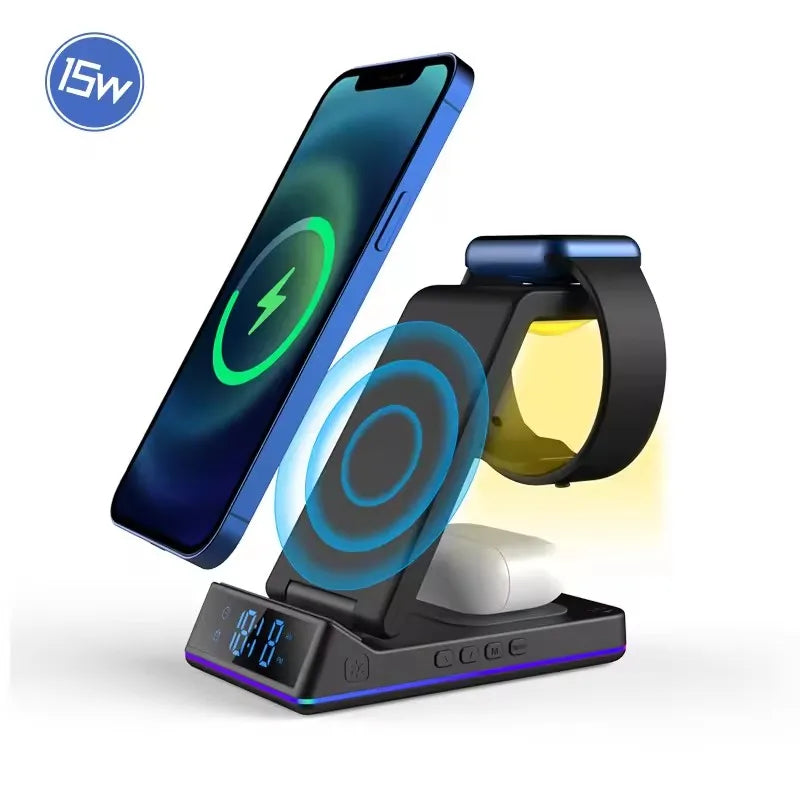 Portable 4 in 1 Wireless Fast Charger Phone Charger Stand With Alarm Clock Lamp