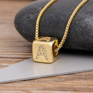 A-Z Initials Micro Pave Copper Cube Letter Pendant Necklace