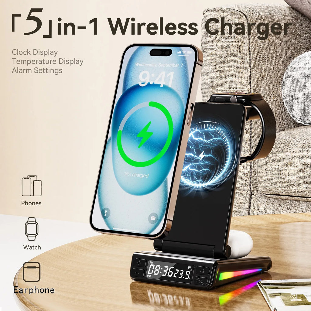 Electronic  5 in 1 Wireless Charger With Clock Temperature Display