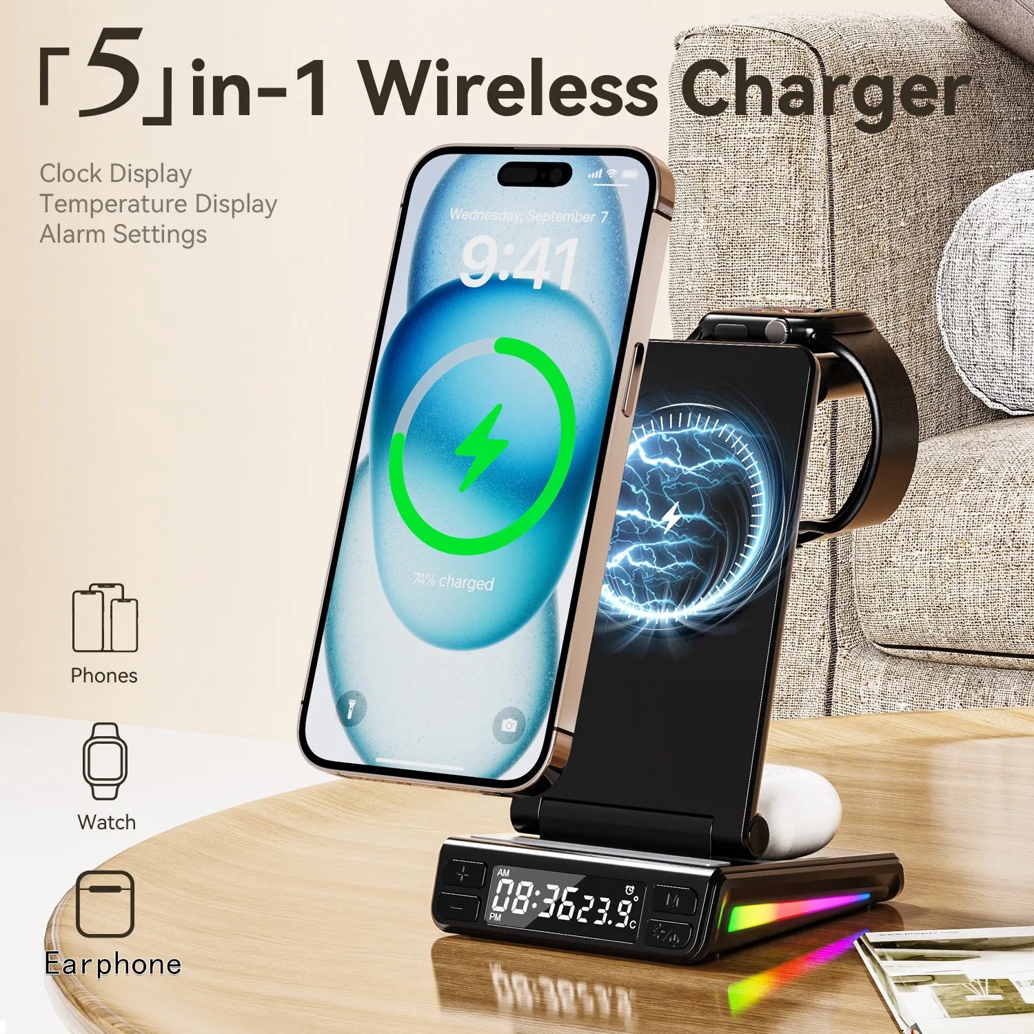 Electronic  5 in 1 Wireless Charger With Clock Temperature Display