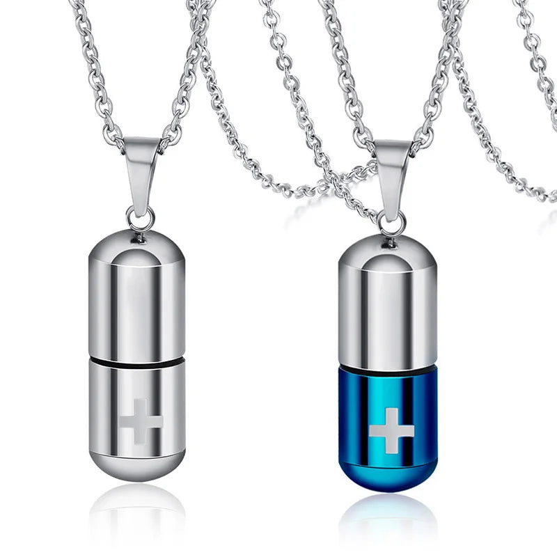 Vnox Hollow Pill Cross Engraved Cremation Urn Necklace