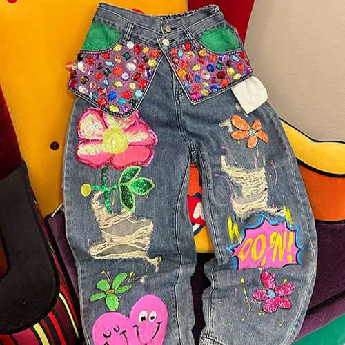 Boutique Fashionable Nail Bead High Waist Loose Straight Leg Jeans