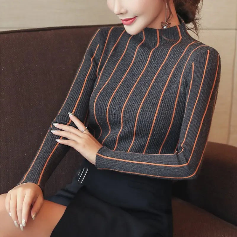 Striped Turtleneck Thick Sweater