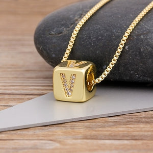 A-Z Initials Micro Pave Copper Cube Letter Pendant Necklace