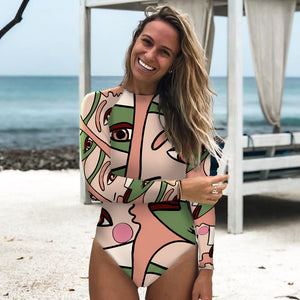 Floral Print One Piece Long Sleeve Retro Swimsuit