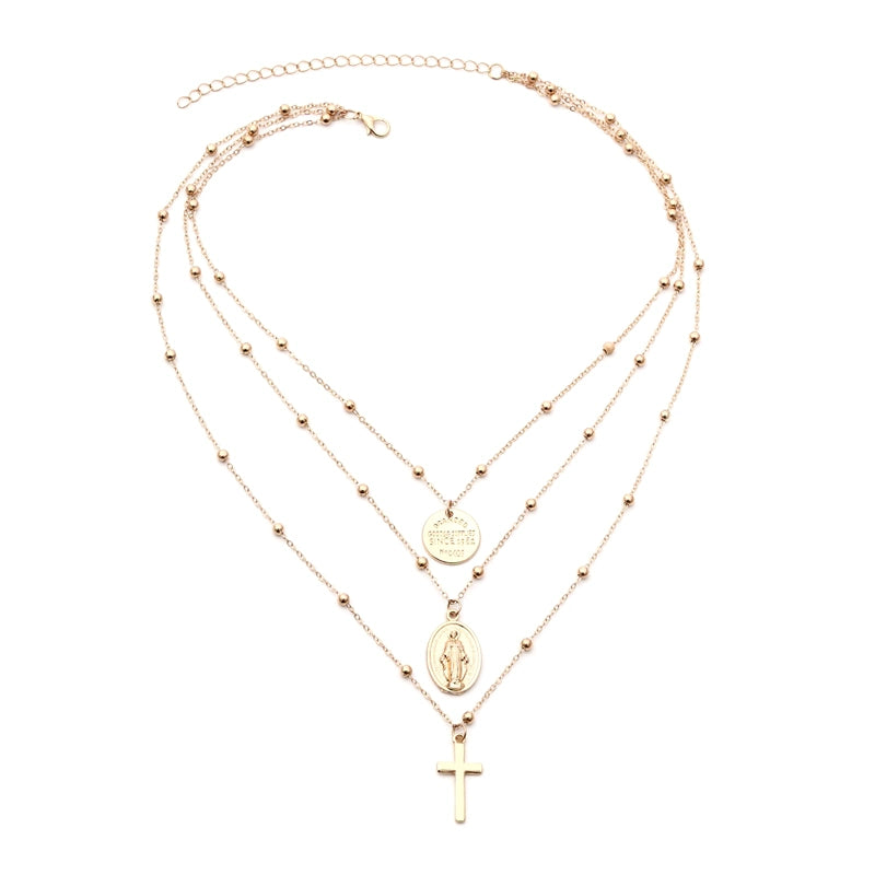 Retro Multi-Layer Cross Coin Sweater Chain