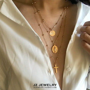 Retro Multi-Layer Cross Coin Sweater Chain