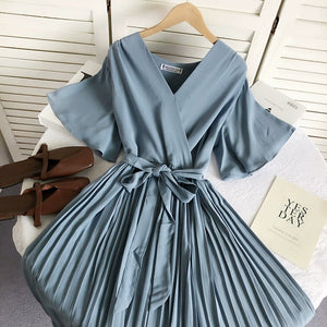 Solid Color High Waist Slim-Fit Pleated Dress