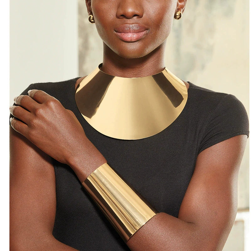 Exaggerated Metal Choker Necklace and Bracelet