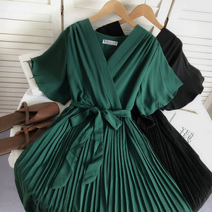 Solid Color High Waist Slim-Fit Pleated Dress