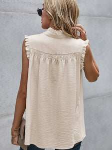 Fashion High Neck Buttoned Ruffled Casual Sleeveless Top