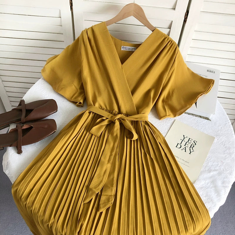 Solid Color High Waist Slim-Fit Pleated Dress