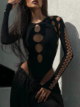 American Style Round Neck Multi-Hollow Design Black Jumpsuit