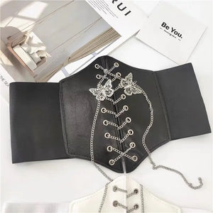 Wide Faux Leather Butterfly Chain Slimming Body Waistband